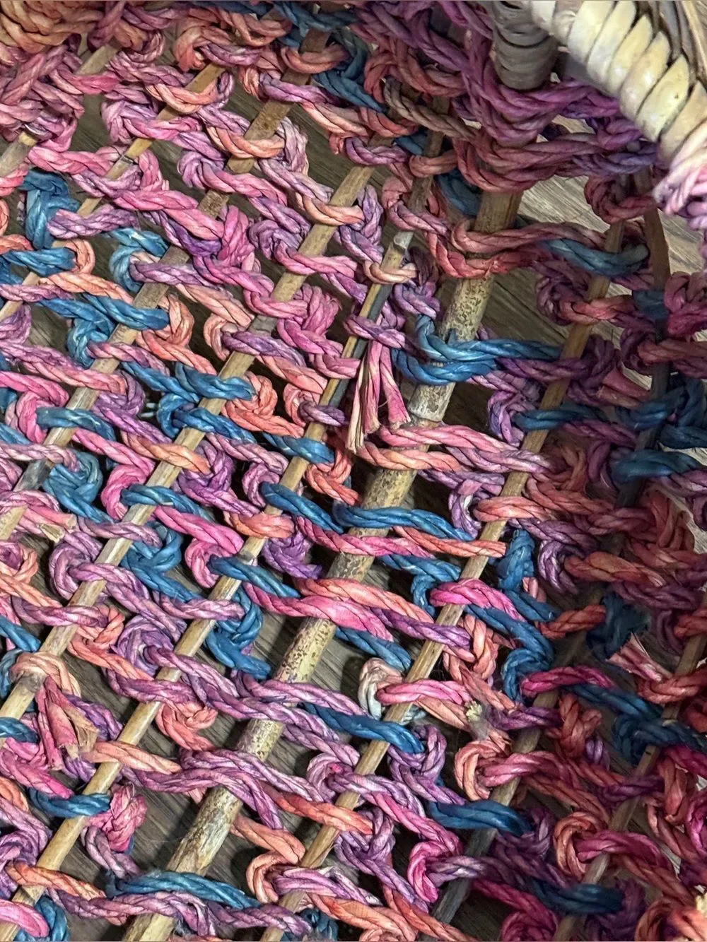 Large Colorful Woven Boho Boat Basket Pink Purple Teal and Tan 22” x 18” x 14”